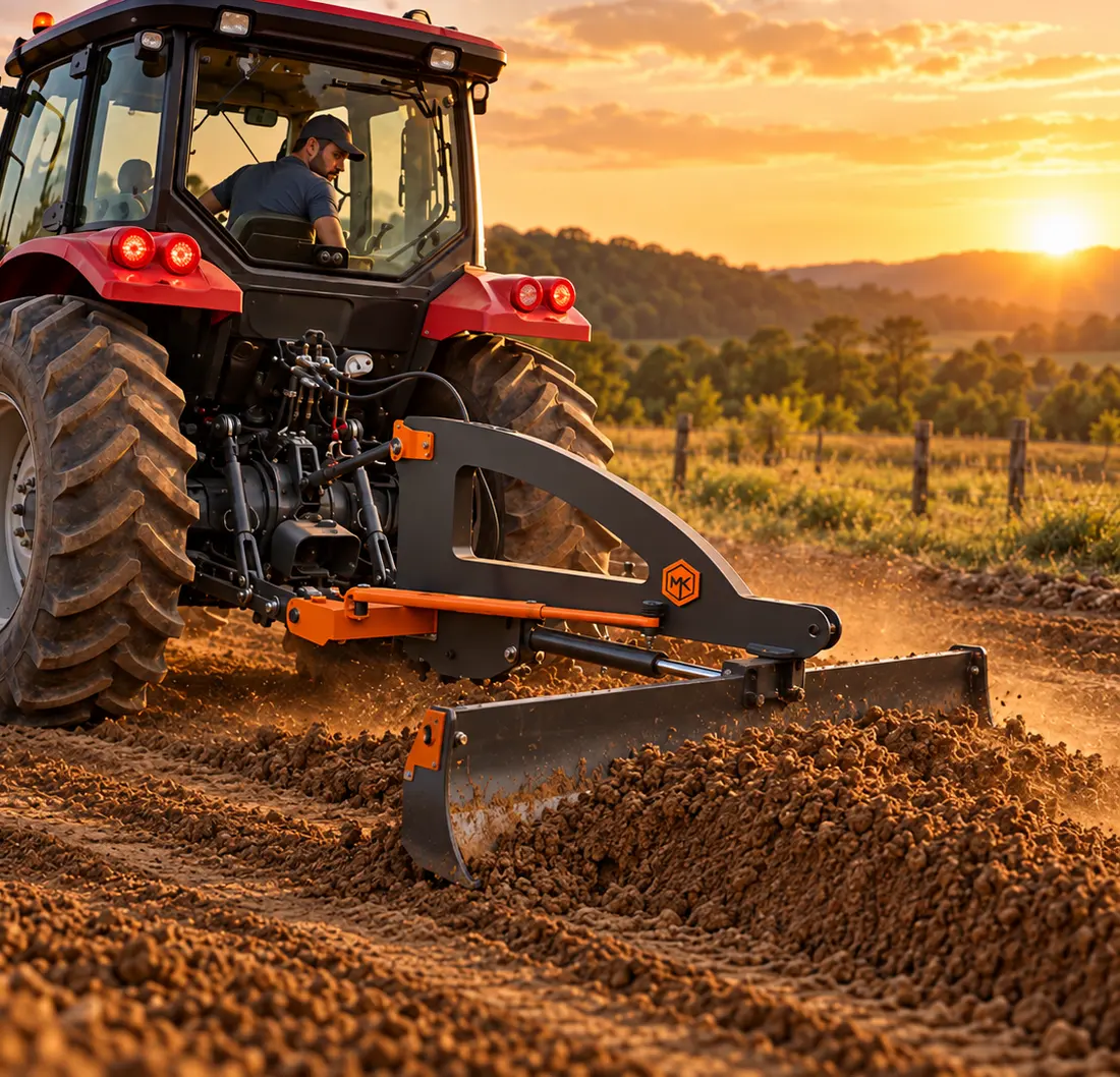 Trator com lâmina traseira hidráulica MK nivelando a terra ao pôr do sol